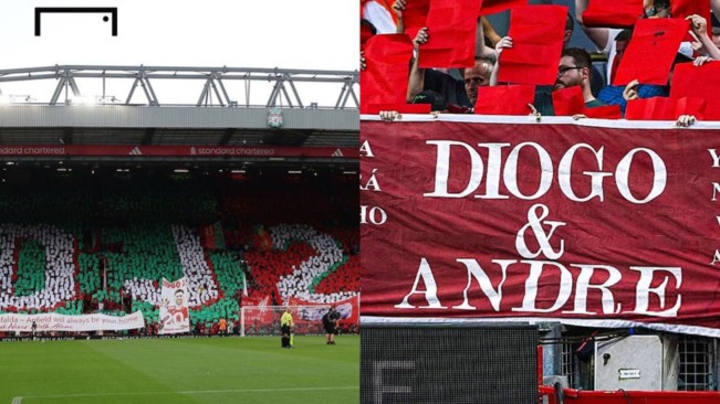 Suporter Liverpool menyiapkan aksi koreografi membentuk angka 20 untuk menghormati Diogo Jota. [X]